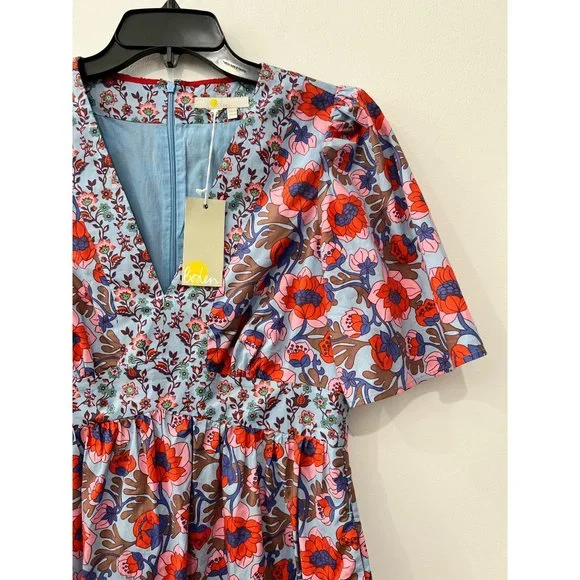 New Boden Size 6R V-Neck Contrast Detail Dress Dusty Blue, Terrace Bud Summer - Picture 14 of 15
